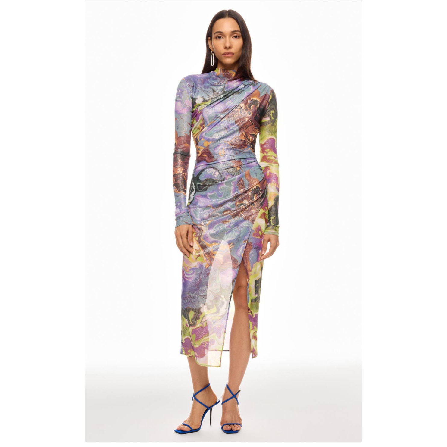 Lapointe Multicolor Abstract Print Long Sleeve Ruched Mesh Maxi Dress M